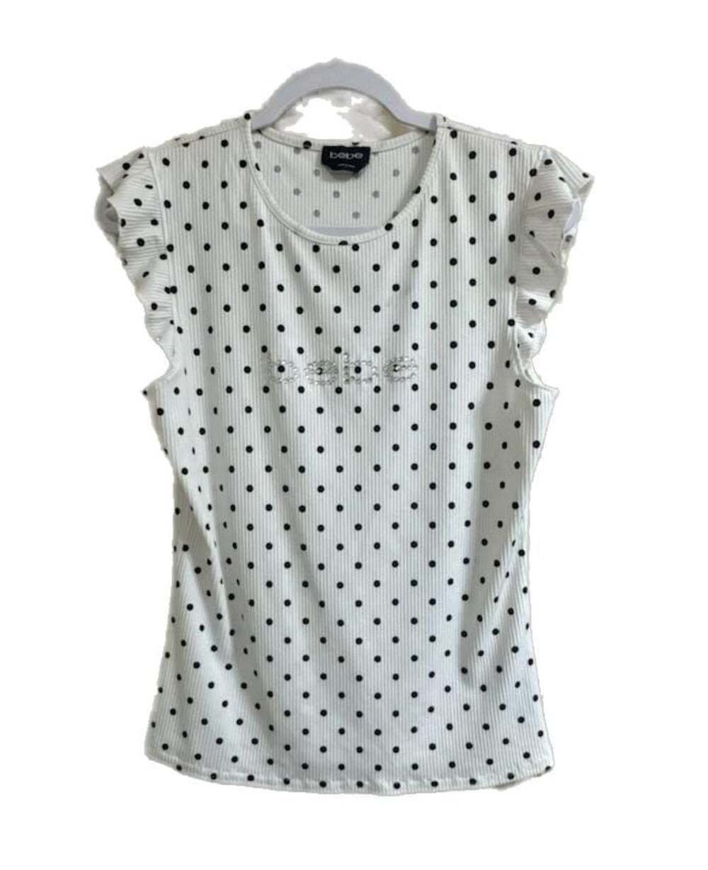 Bebe Women's Size L White Polka Dot Rhinestone Logo Ruffle Sleeve Top